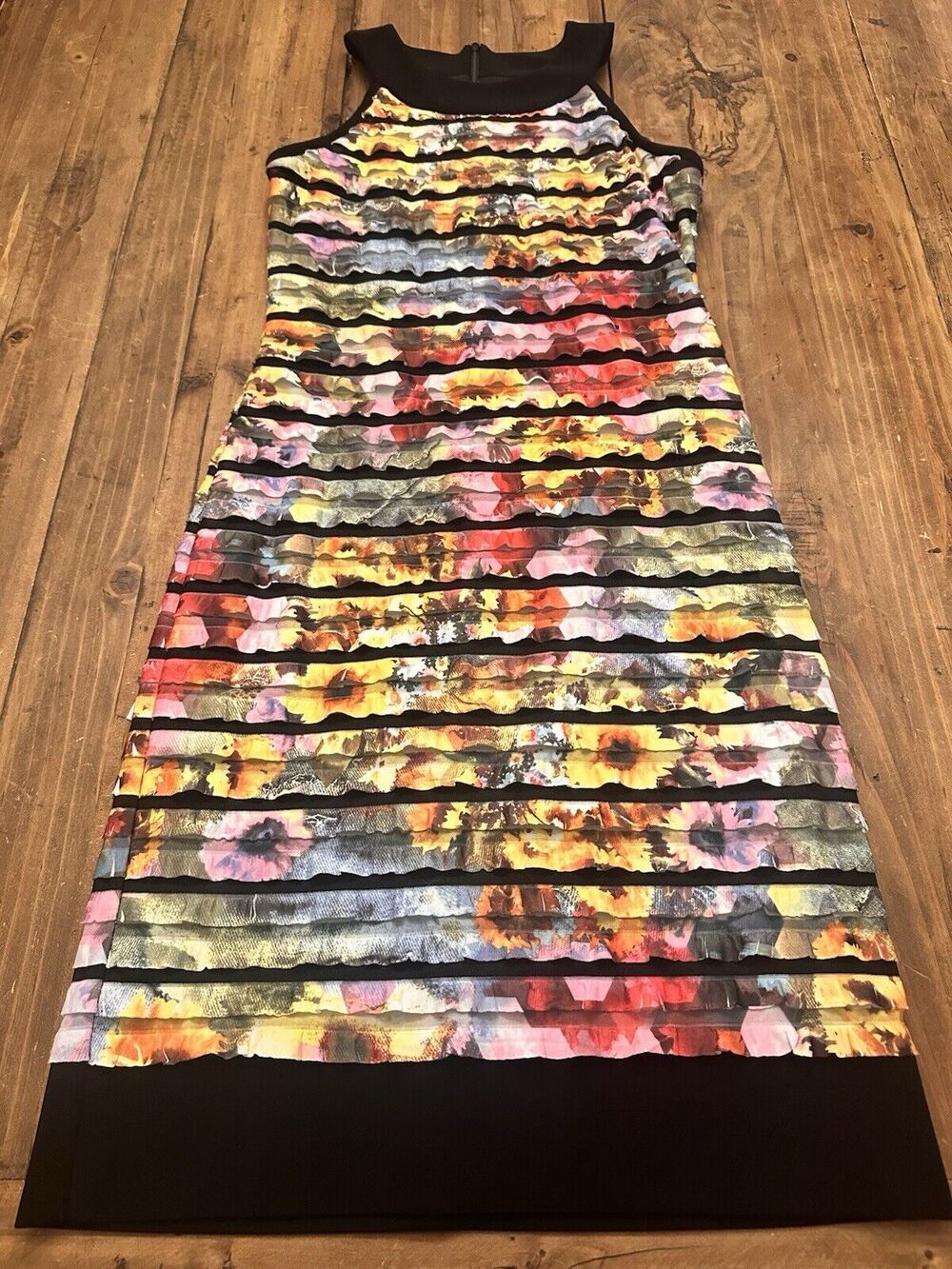 Joseph Ribkoff Size 8 Dress Layered Ruffle Floral Sleeveless Shift Dress Stretch